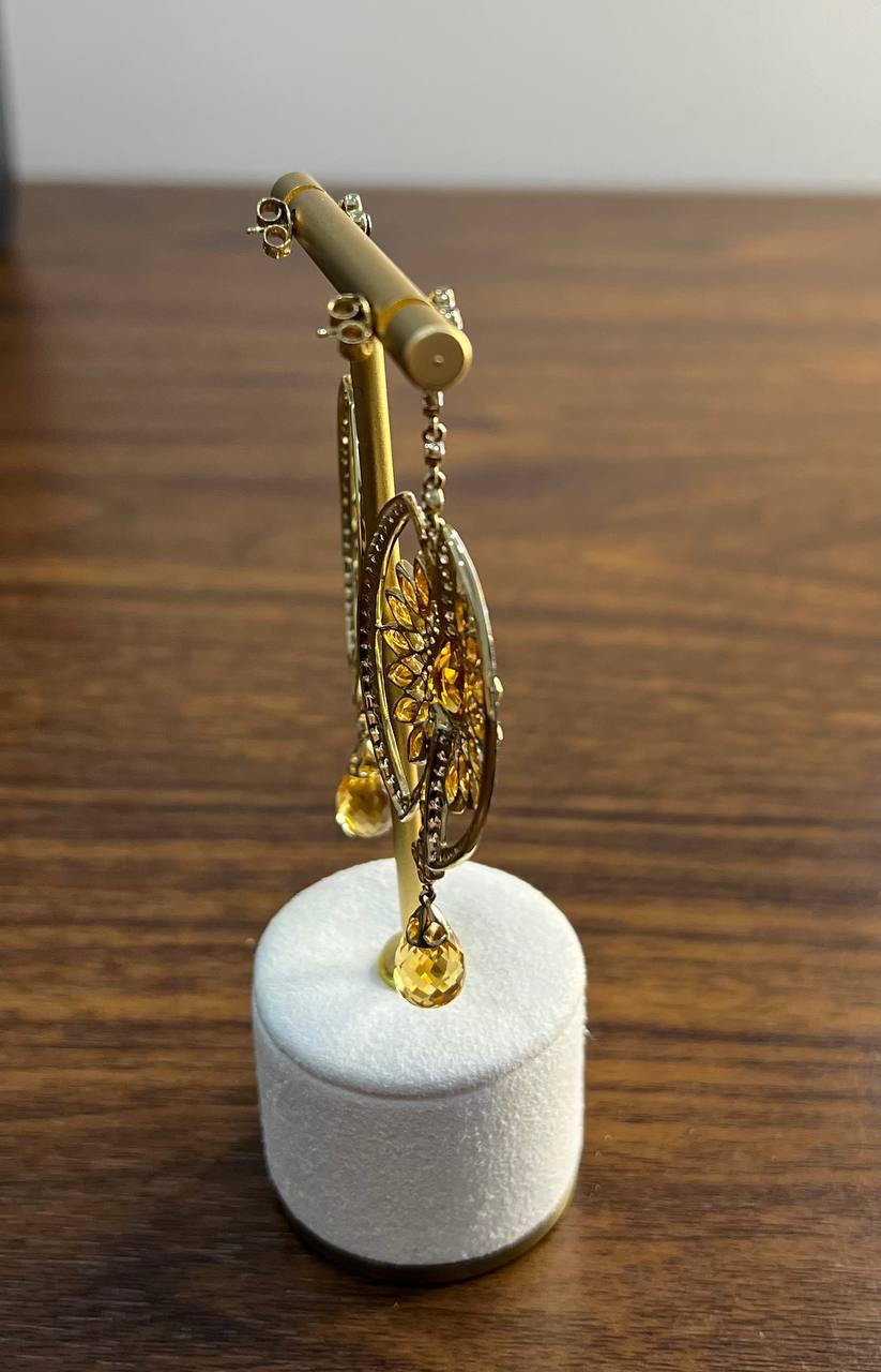 Orange Amber Citrine Black Brown Diamond Halo 14K Yellow Gold Statement Earrings