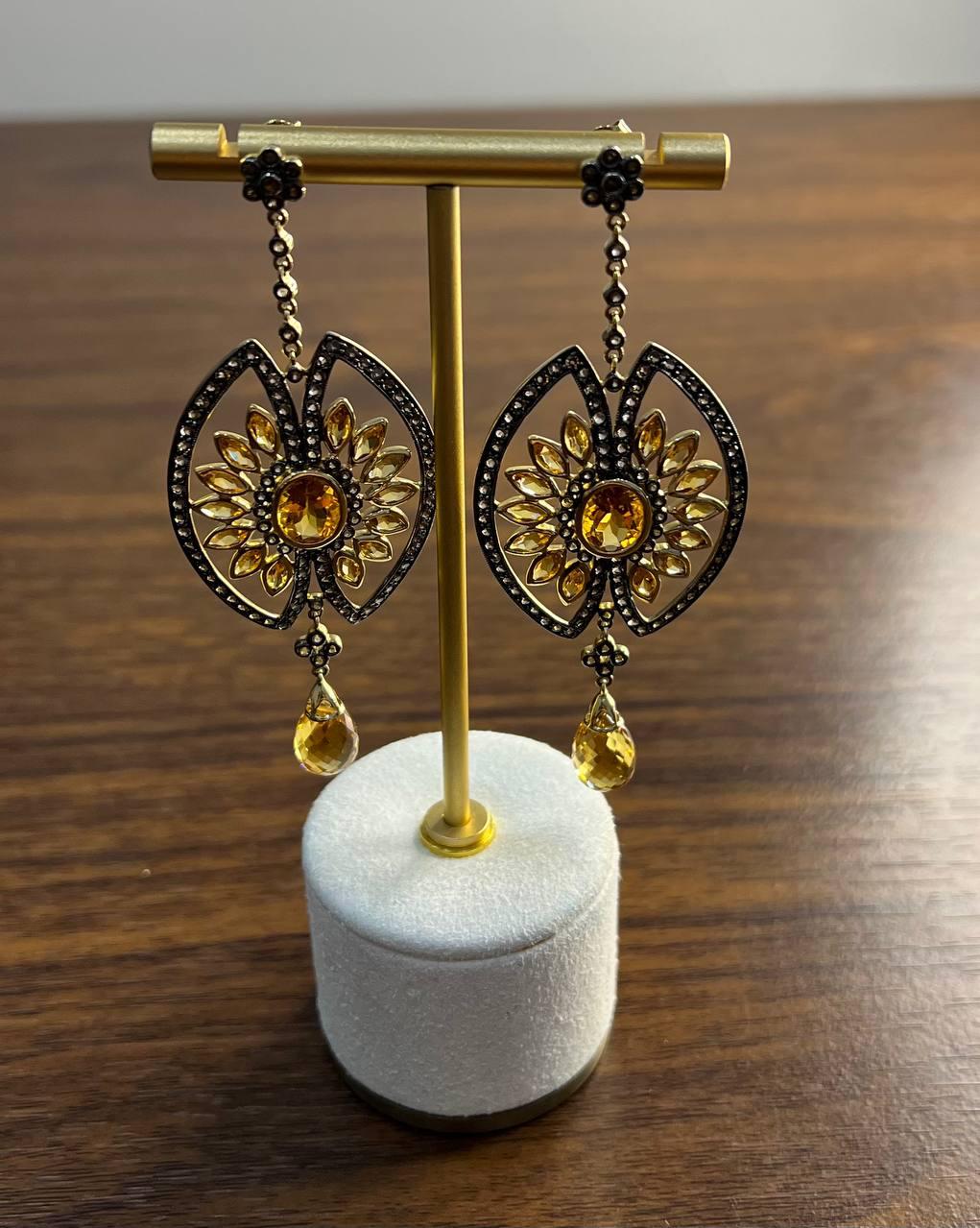 Orange Amber Citrine Black Brown Diamond Halo 14K Yellow Gold Statement Earrings