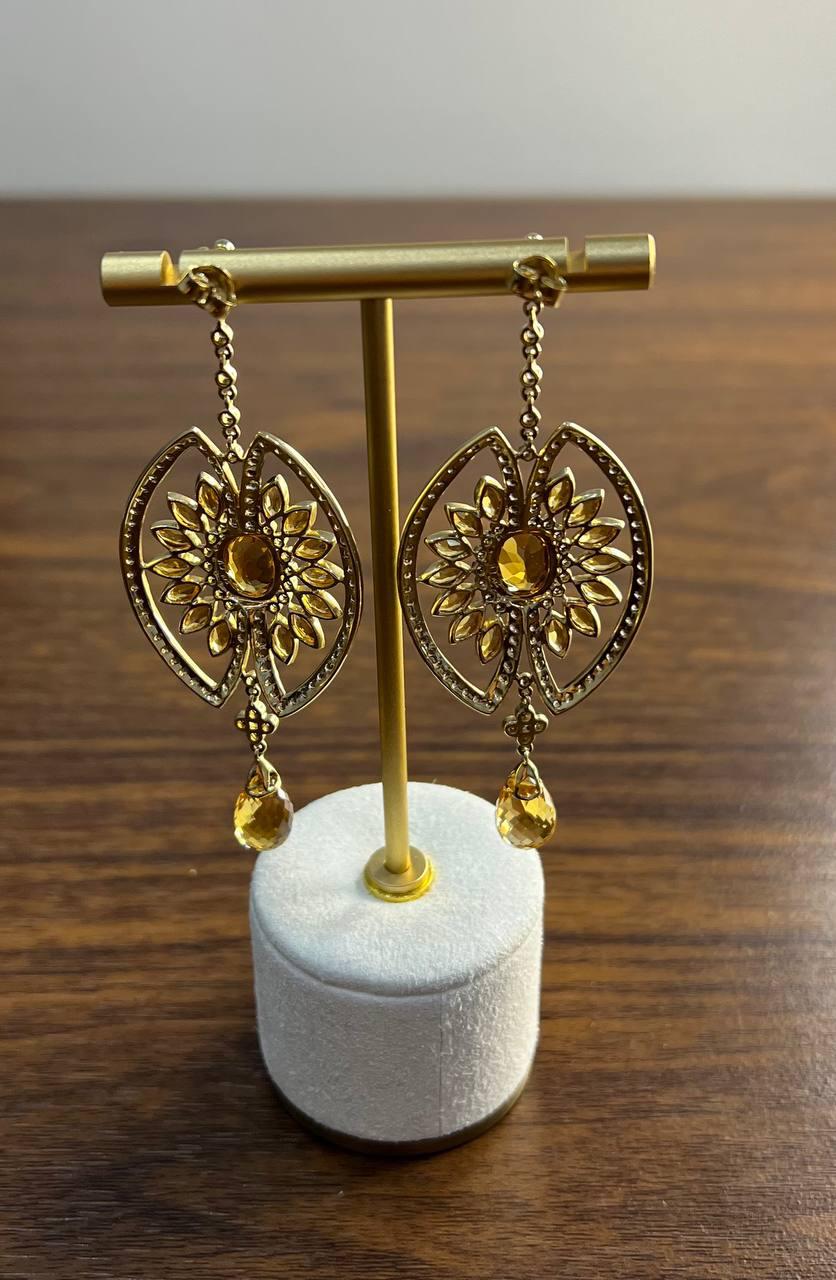 Orange Amber Citrine Black Brown Diamond Halo 14K Yellow Gold Statement Earrings