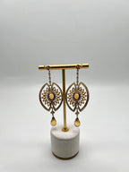 Orange Amber Citrine Black Brown Diamond Halo 14K Yellow Gold Statement Earrings
