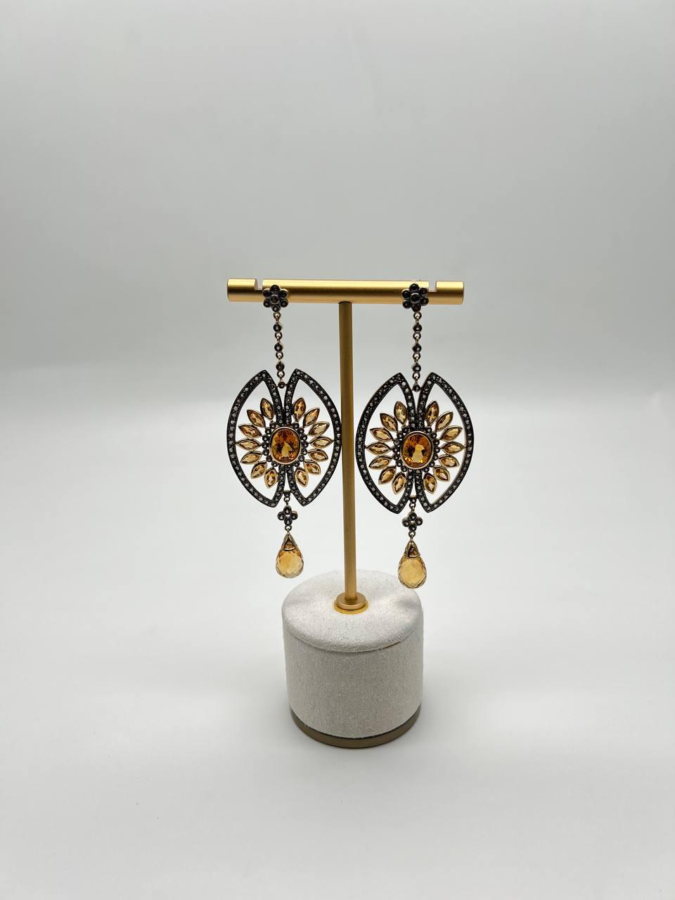 Orange Amber Citrine Black Brown Diamond Halo 14K Yellow Gold Statement Earrings