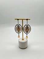 Orange Amber Citrine Black Brown Diamond Halo 14K Yellow Gold Statement Earrings