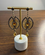 Orange Amber Citrine Black Brown Diamond Halo 14K Yellow Gold Statement Earrings