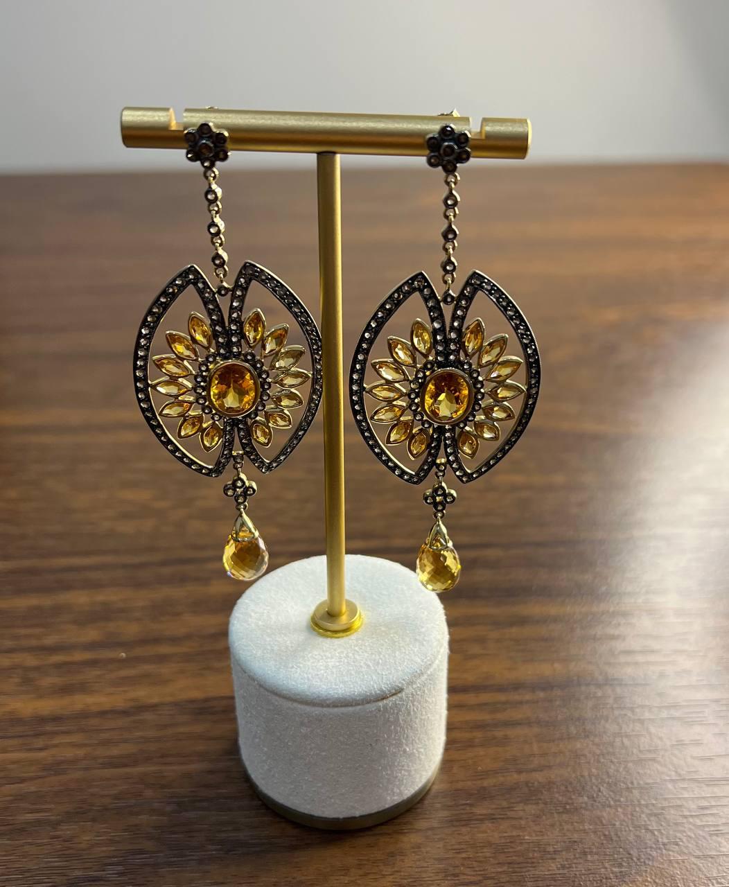 Orange Amber Citrine Black Brown Diamond Halo 14K Yellow Gold Statement Earrings