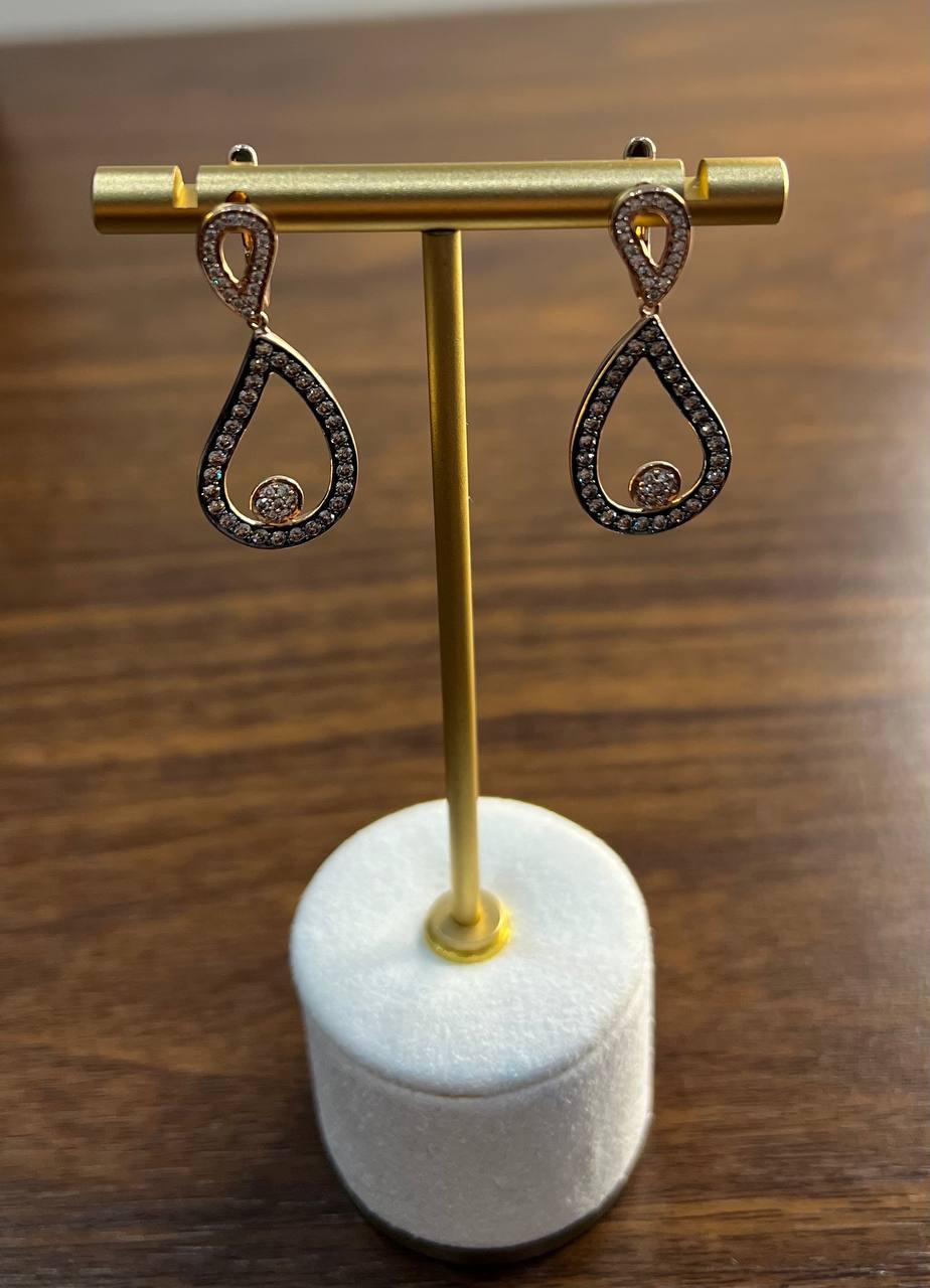 Geometric Wave Leaf Water Shape White Champagne Diamond 14K Yellow Gold Earrings