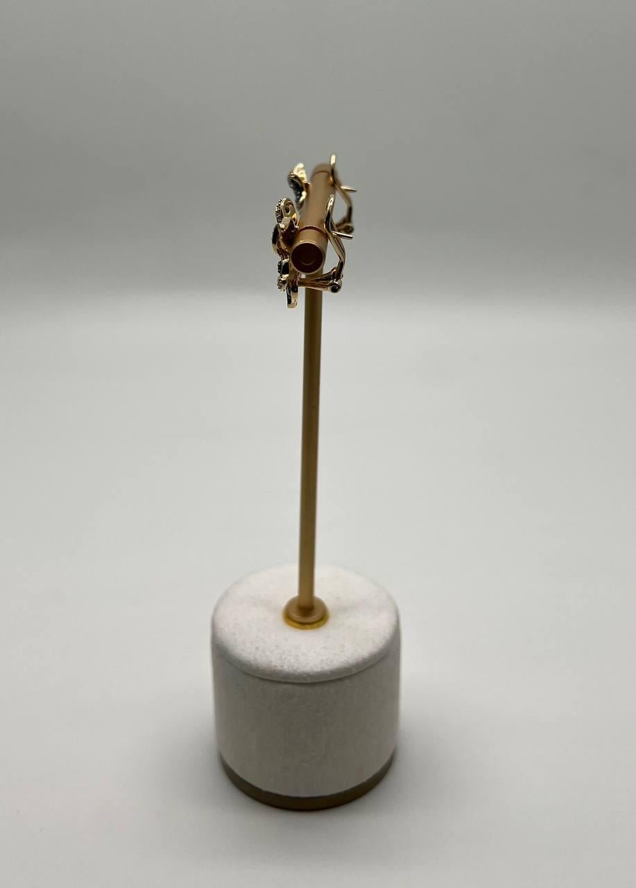 Petal Floral Flower Design Brown White Diamonds 14K Gold Statement Earrings