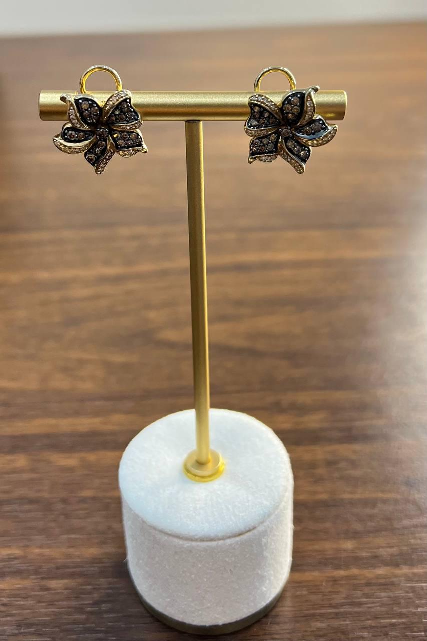 Petal Floral Flower Design Brown White Diamonds 14K Gold Statement Earrings