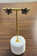 Petal Floral Flower Design Brown White Diamonds 14K Gold Statement Earrings