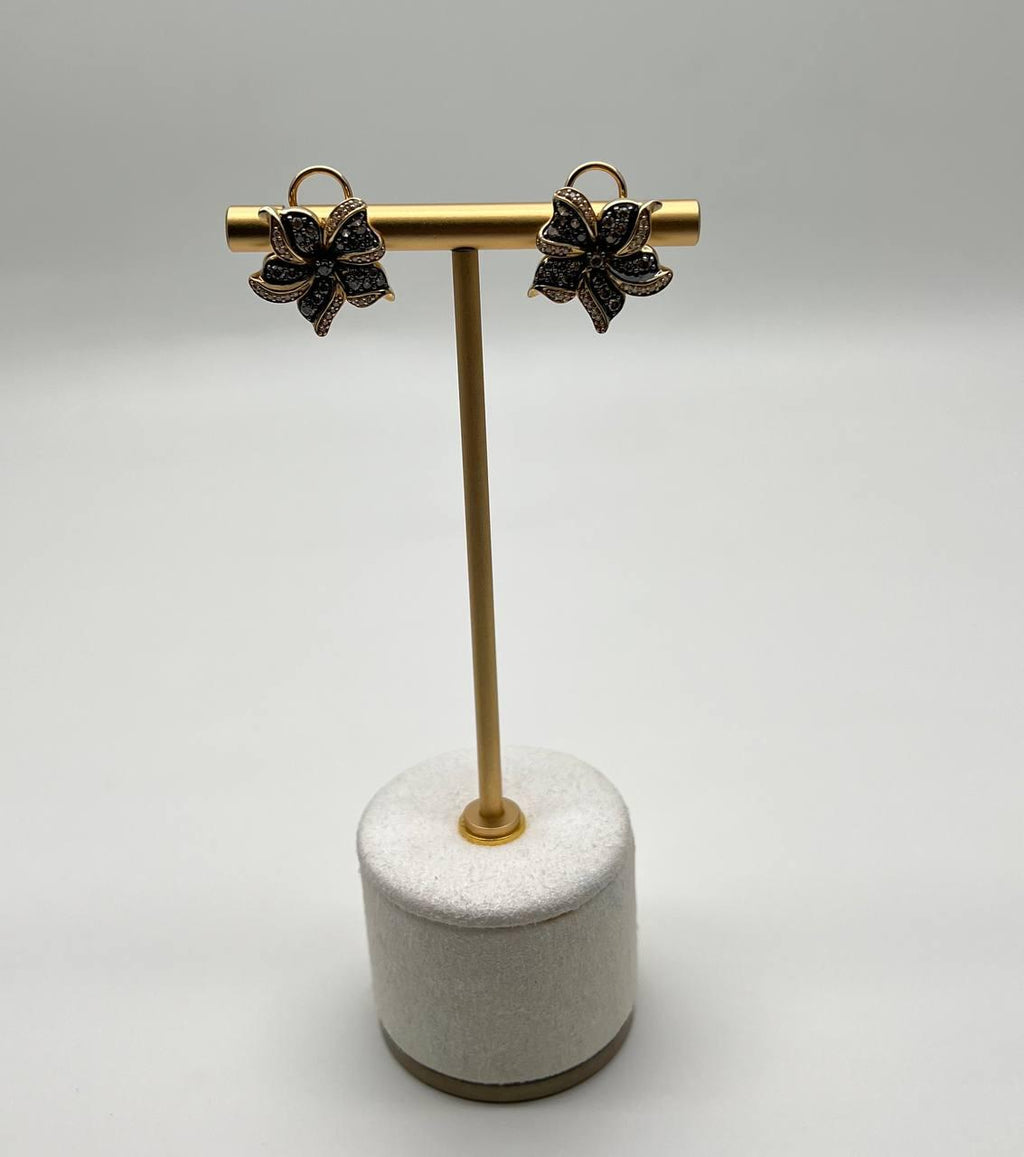 Petal Floral Flower Design Brown White Diamonds 14K Gold Statement Earrings