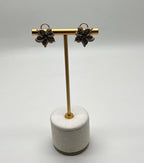 Petal Floral Flower Design Brown White Diamonds 14K Gold Statement Earrings