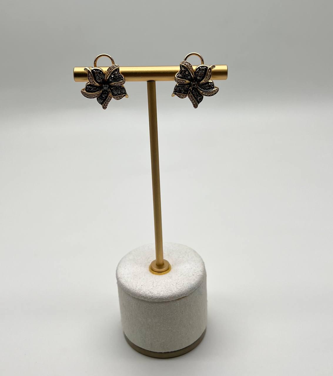 Petal Floral Flower Design Brown White Diamonds 14K Gold Statement Earrings