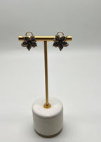Petal Floral Flower Design Brown White Diamonds 14K Gold Statement Earrings