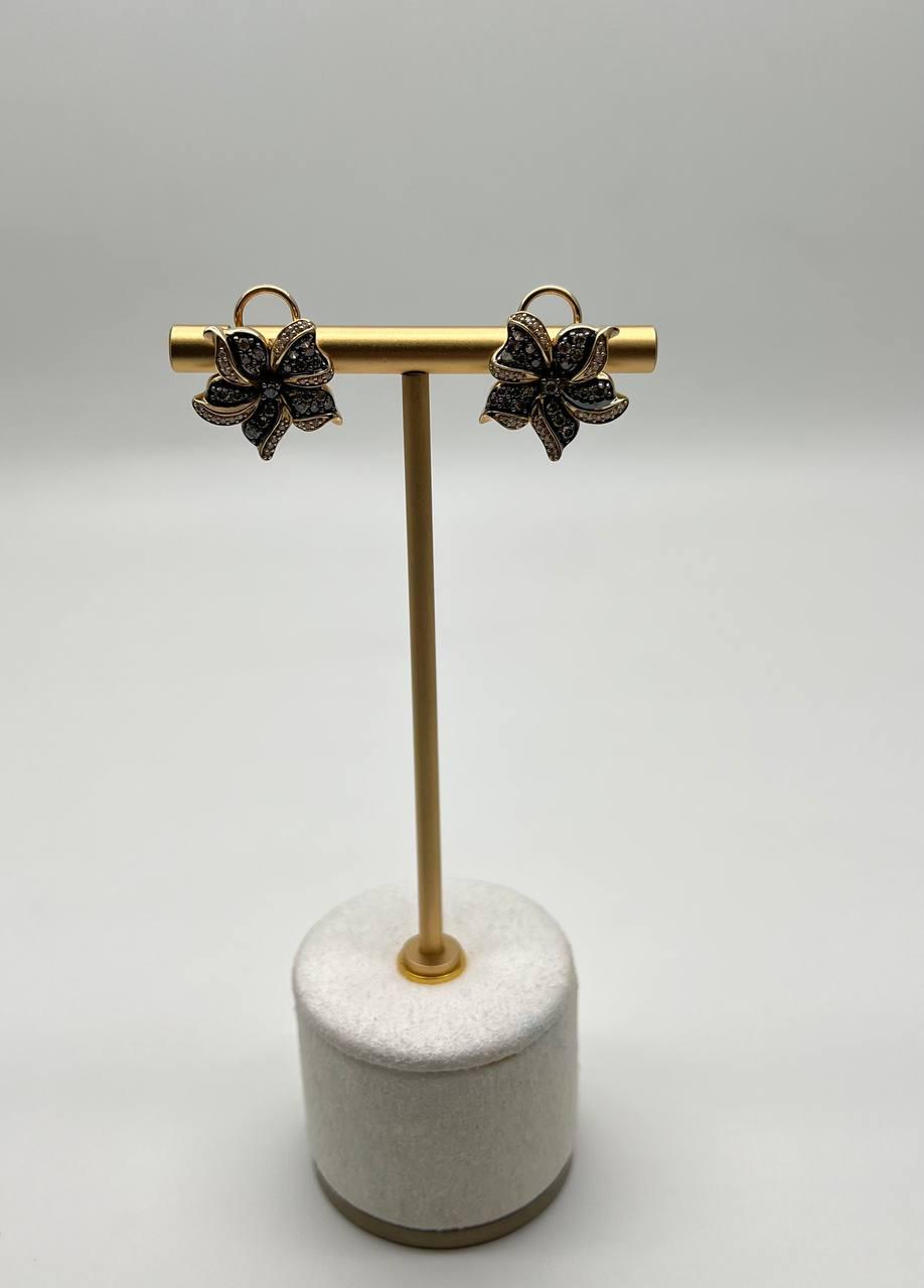 Petal Floral Flower Design Brown White Diamonds 14K Gold Statement Earrings