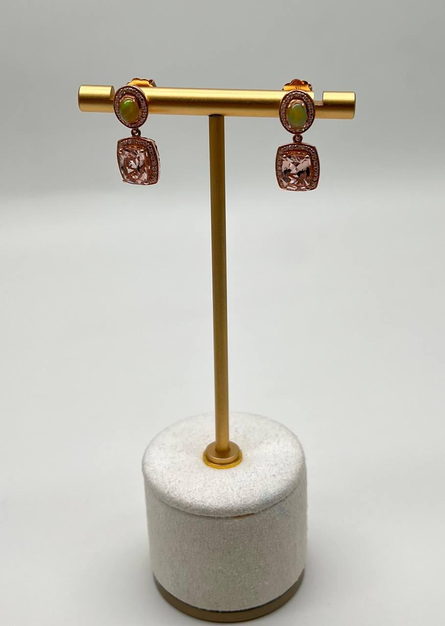 Cushion Pink Peach Morganite White Opals Halo Diamonds 14K Rose Gold Earrings