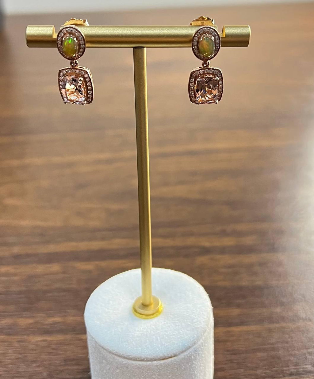 Cushion Pink Peach Morganite White Opals Halo Diamonds 14K Rose Gold Earrings