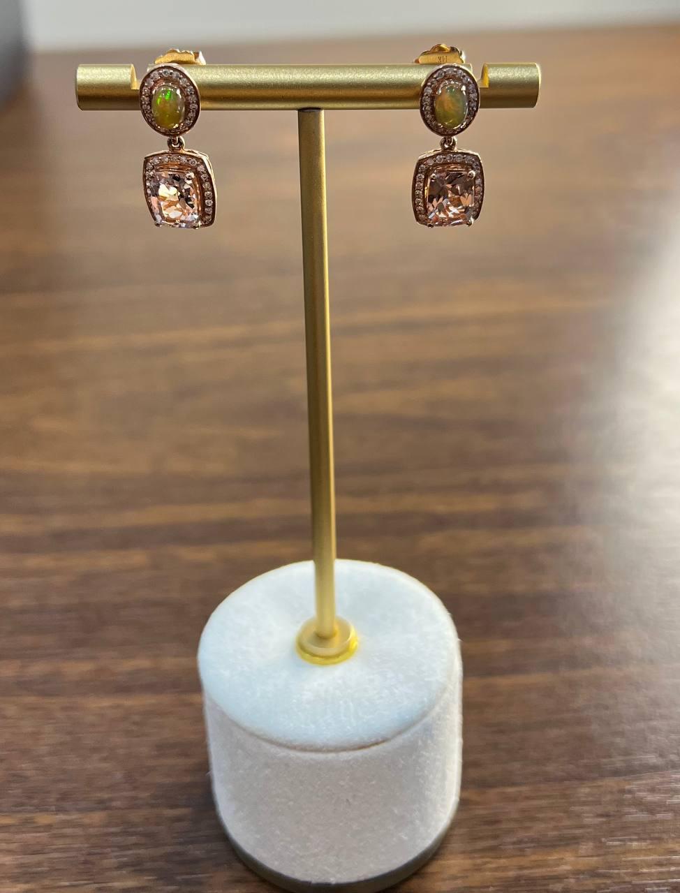 Cushion Pink Peach Morganite White Opals Halo Diamonds 14K Rose Gold Earrings