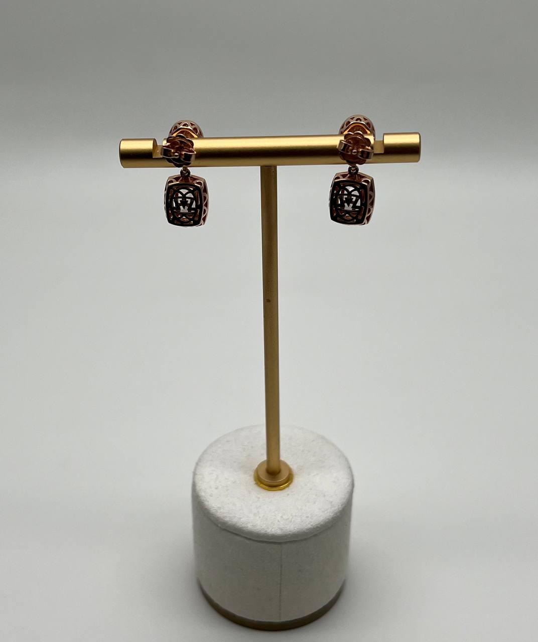 Cushion Pink Peach Morganite White Opals Halo Diamonds 14K Rose Gold Earrings