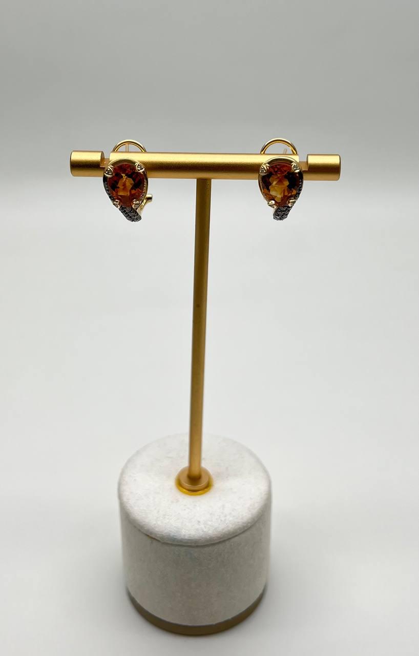 Round Shape Amber Orange Citrine Diamond Pave 14K Yellow Gold Huggie Earrings