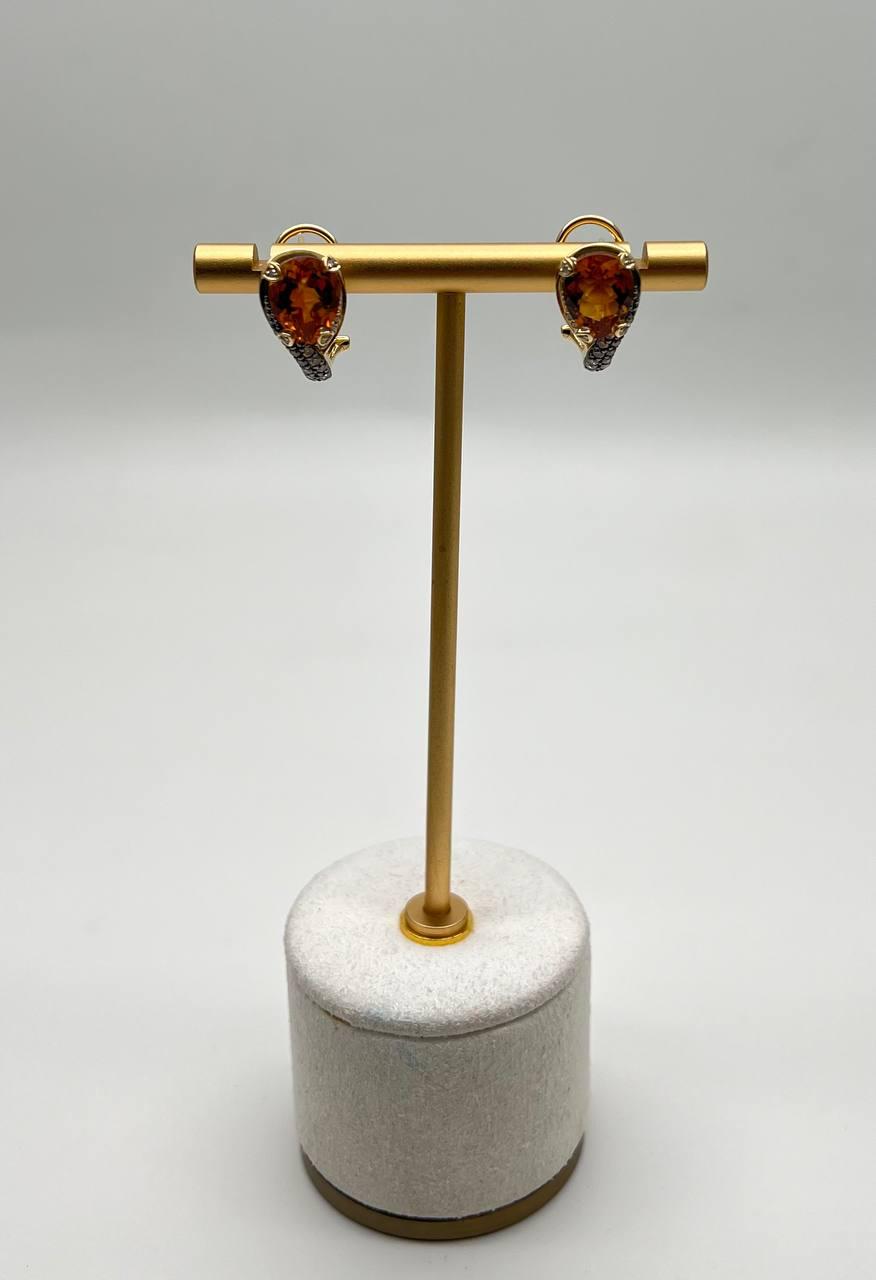 round shape amber orange citrine diamond pave 14k yellow gold huggie earrings