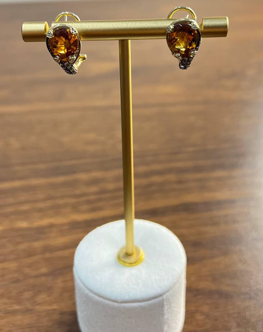 Round Shape Amber Orange Citrine Diamond Pave 14K Yellow Gold Huggie Earrings