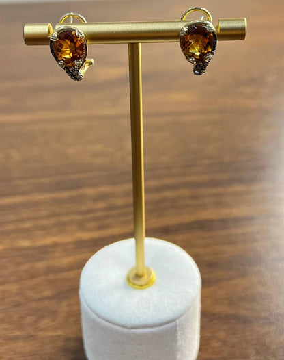 Round Shape Amber Orange Citrine Diamond Pave 14K Yellow Gold Huggie Earrings