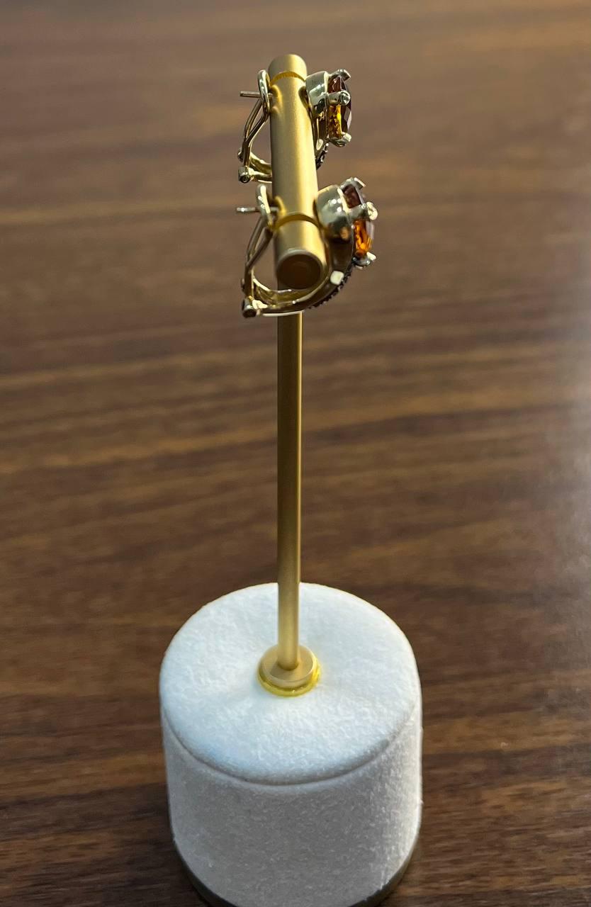 Round Shape Amber Orange Citrine Diamond Pave 14K Yellow Gold Huggie Earrings