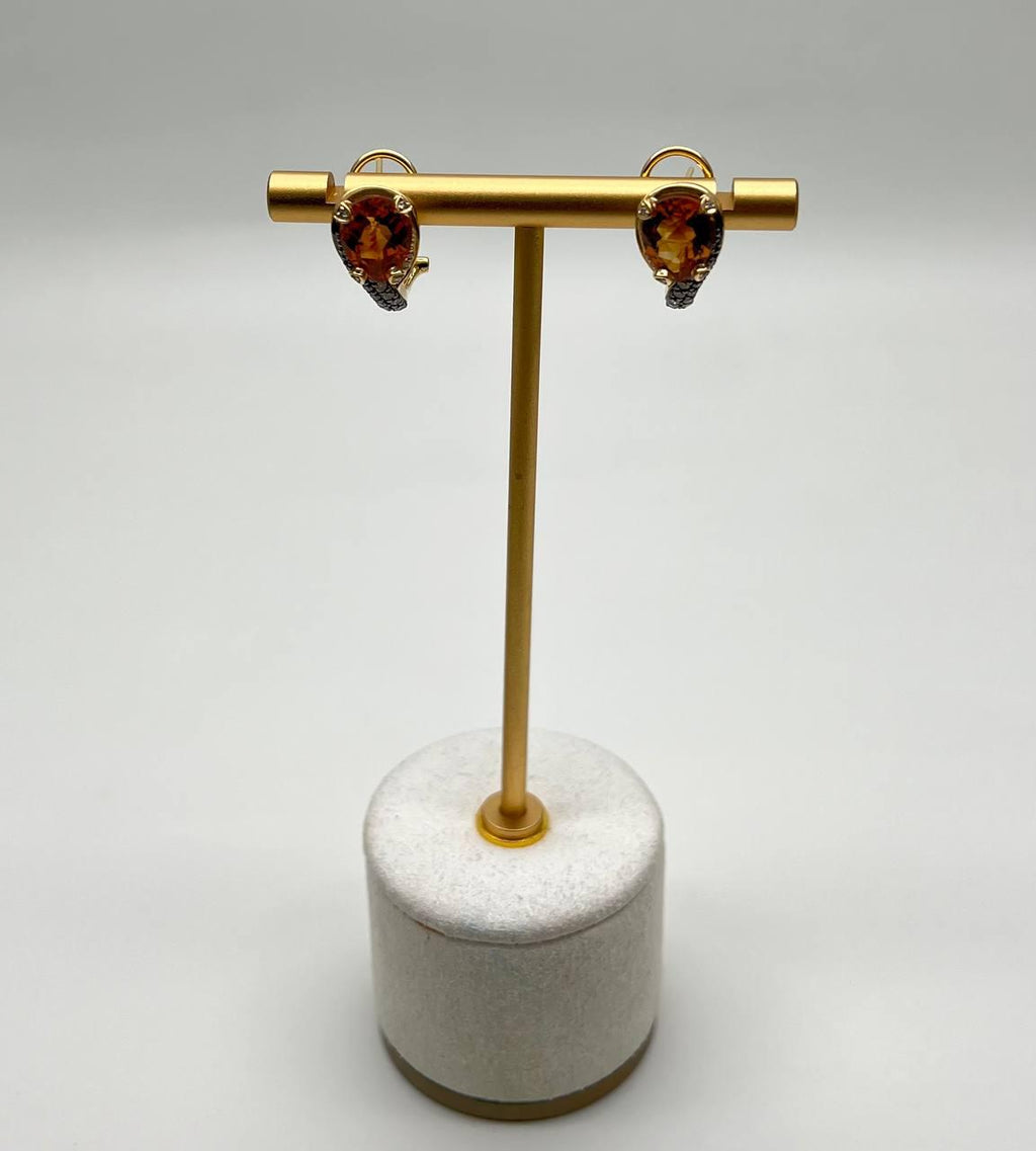 Round Shape Amber Orange Citrine Diamond Pave 14K Yellow Gold Huggie Earrings