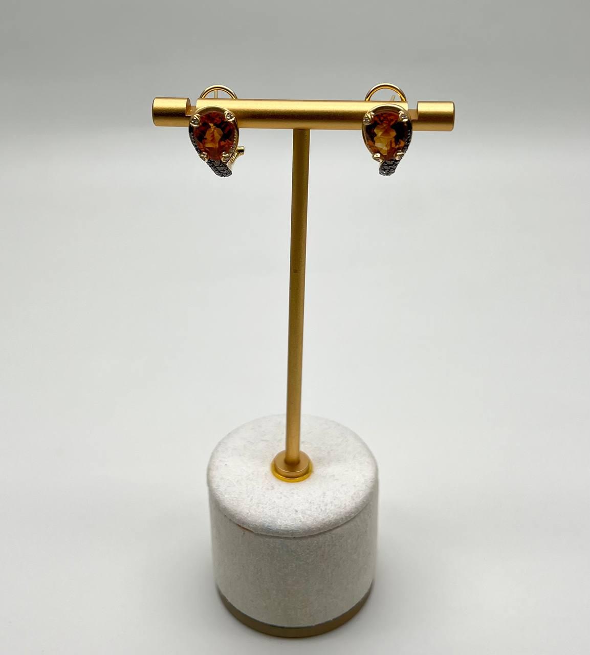 Round Shape Amber Orange Citrine Diamond Pave 14K Yellow Gold Huggie Earrings