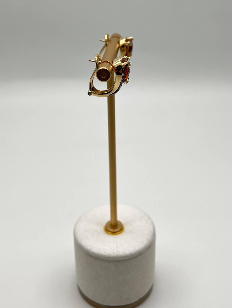 Round Shape Amber Orange Citrine Diamond Pave 14K Yellow Gold Huggie Earrings