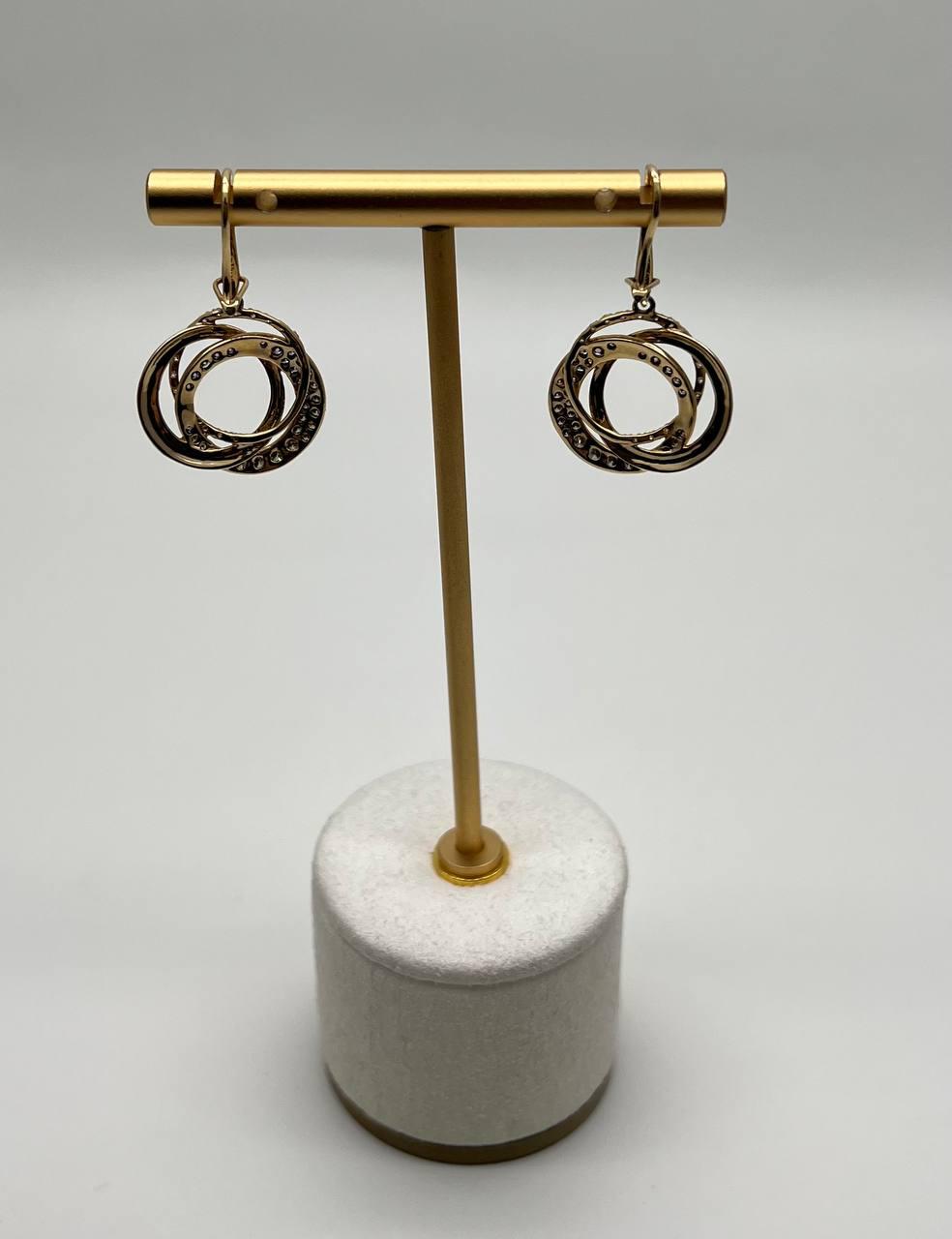 Trinity Gold Interlocking Circles Cognac Brown Diamonds 14K Gold Dangle Earrings