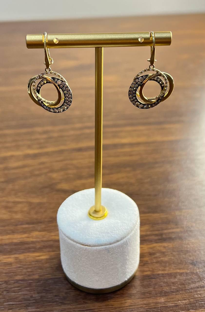 Trinity Gold Interlocking Circles Cognac Brown Diamonds 14K Gold Dangle Earrings