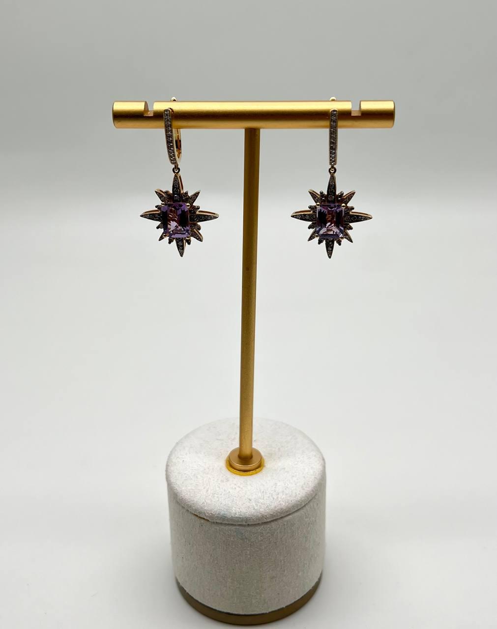Starburst Symbol Purple Amethyst White Diamonds 14K Yellow Gold Drop Earrings