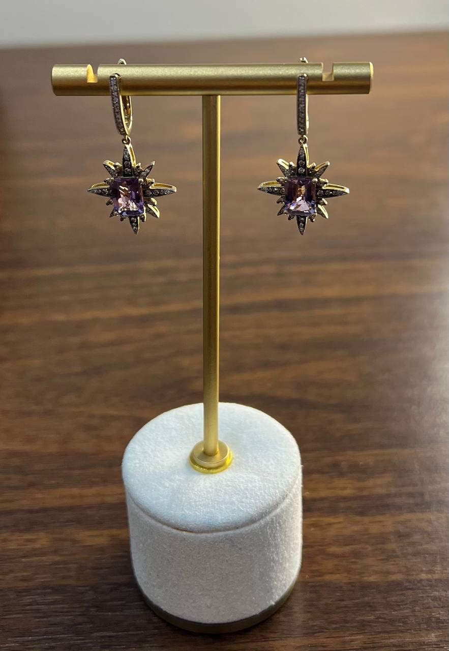 Starburst Symbol Purple Amethyst White Diamonds 14K Yellow Gold Drop Earrings