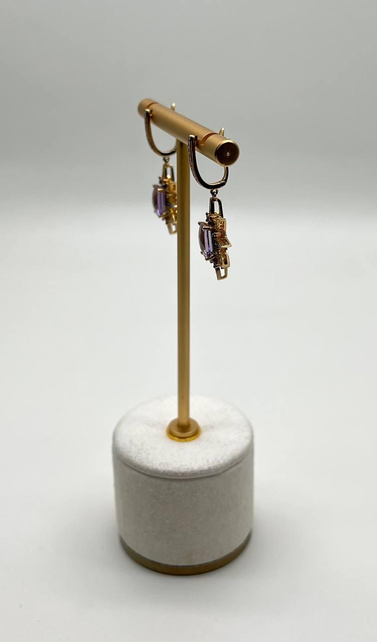 Starburst Symbol Purple Amethyst White Diamonds 14K Yellow Gold Drop Earrings