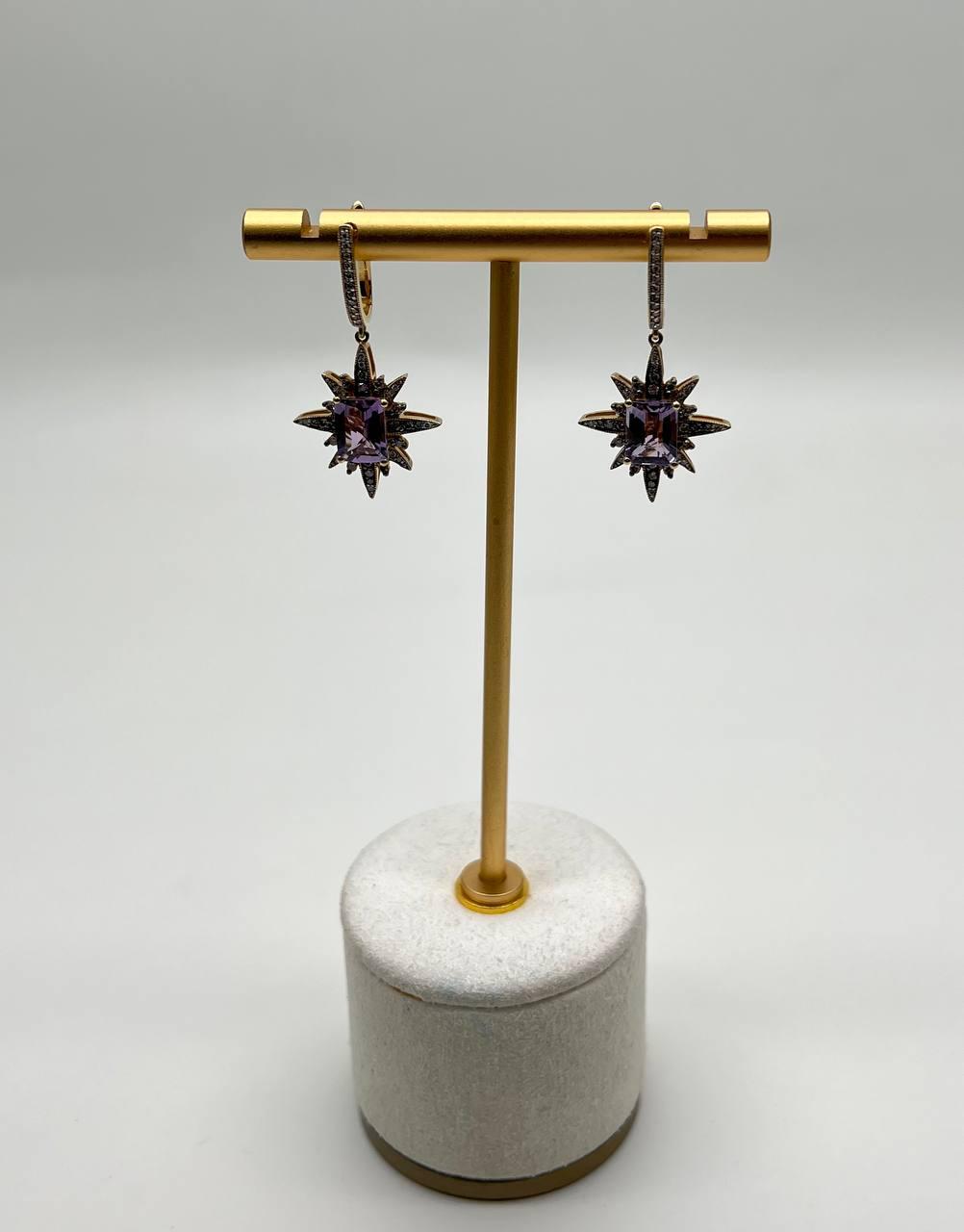 Starburst Symbol Purple Amethyst White Diamonds 14K Yellow Gold Drop Earrings