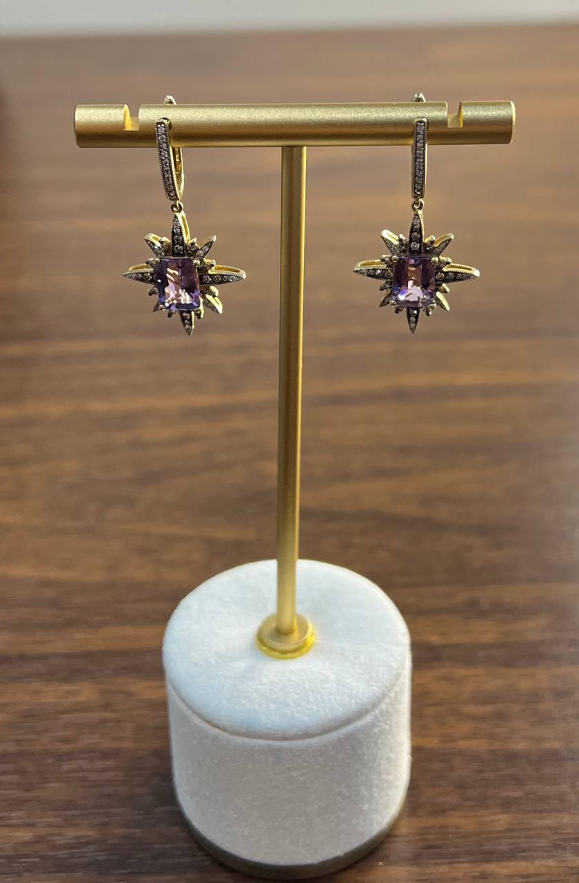 Starburst Symbol Purple Amethyst White Diamonds 14K Yellow Gold Drop Earrings