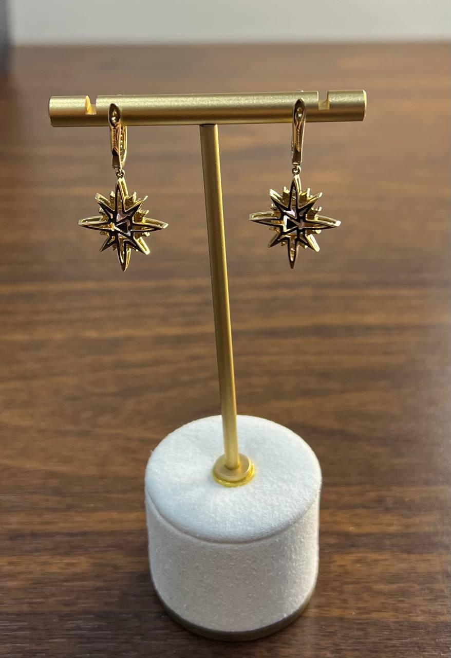 Starburst Symbol Purple Amethyst White Diamonds 14K Yellow Gold Drop Earrings