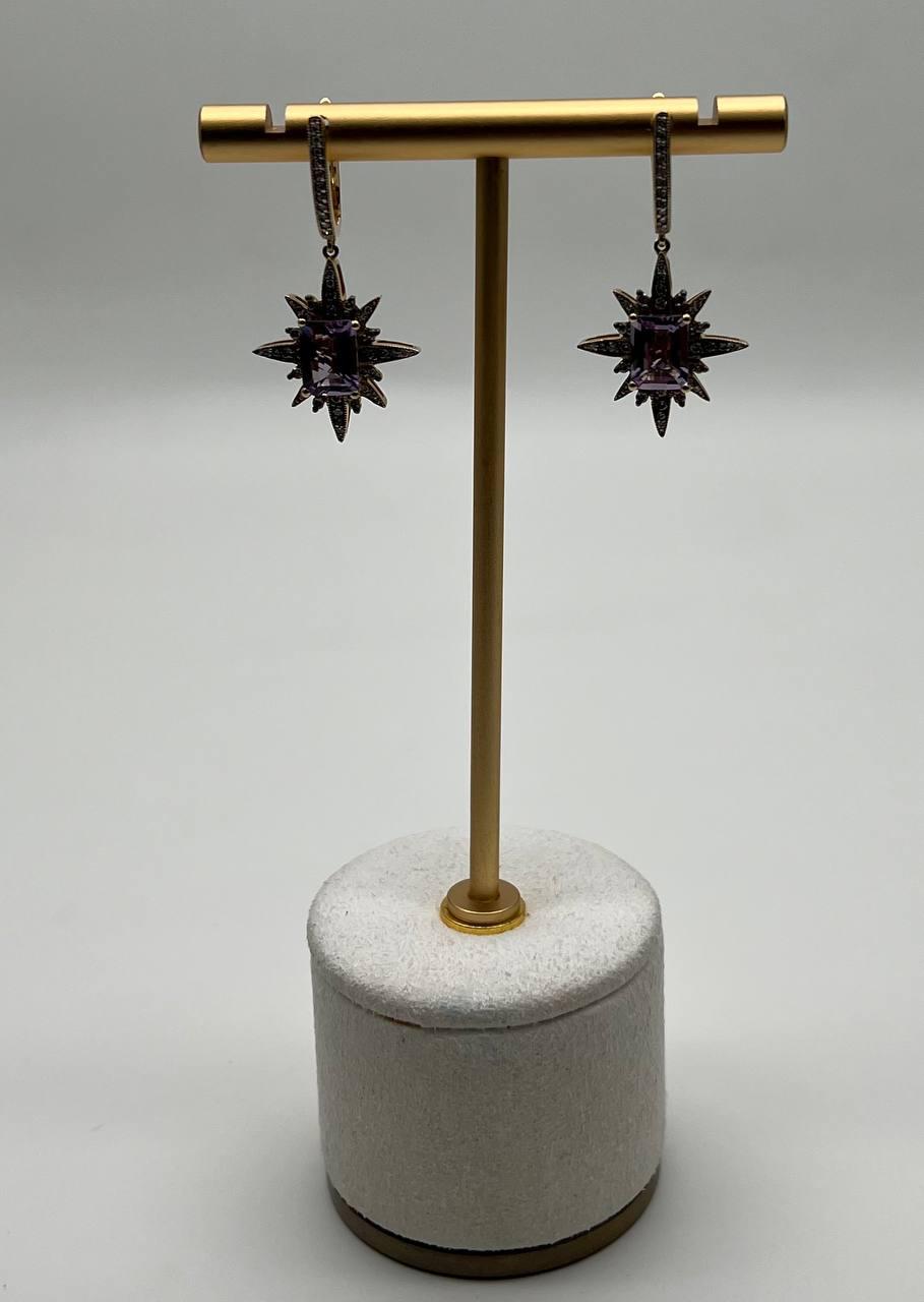 Starburst Symbol Purple Amethyst White Diamonds 14K Yellow Gold Drop Earrings