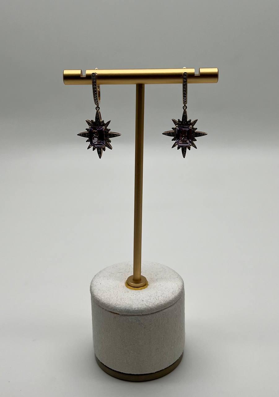 Starburst Symbol Purple Amethyst White Diamonds 14K Yellow Gold Drop Earrings