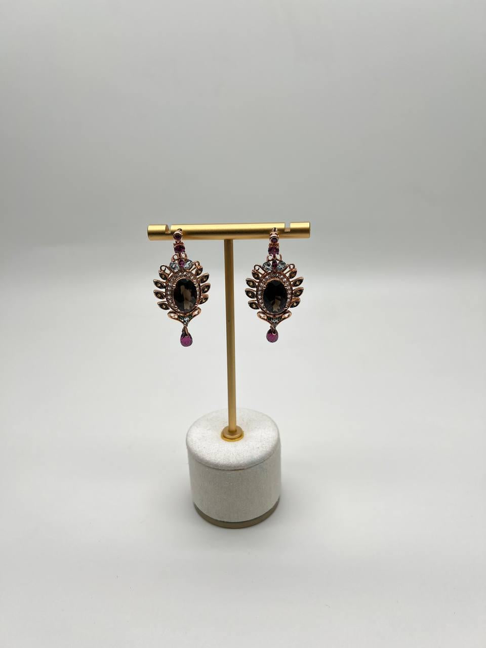 Brown Smoky Quartz Gemstone Amethyst Diamond Halo 18K Rose Gold Dangle Earrings