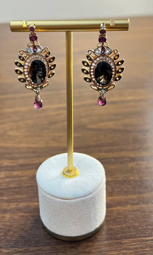 Brown Smoky Quartz Gemstone Amethyst Diamond Halo 18K Rose Gold Dangle Earrings