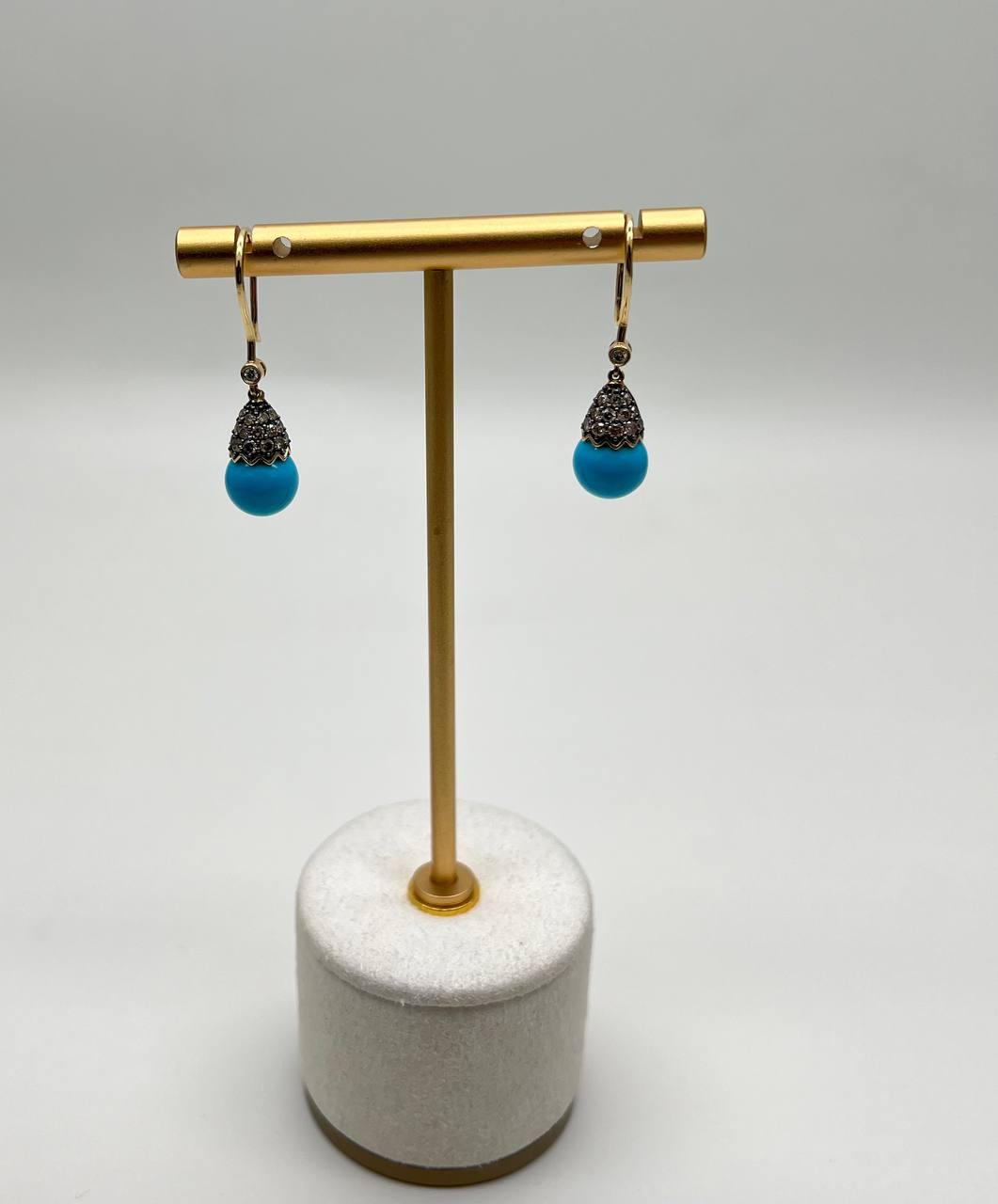Turquoise Drop Champagne Diamonds Pave Drop 14K Yellow Gold Earrings