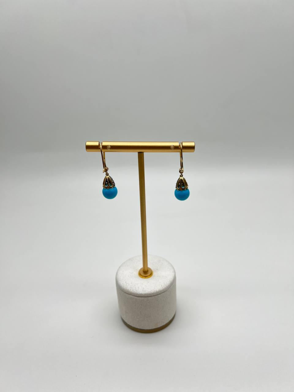 Turquoise Drop Champagne Diamonds Pave Drop 14K Yellow Gold Earrings