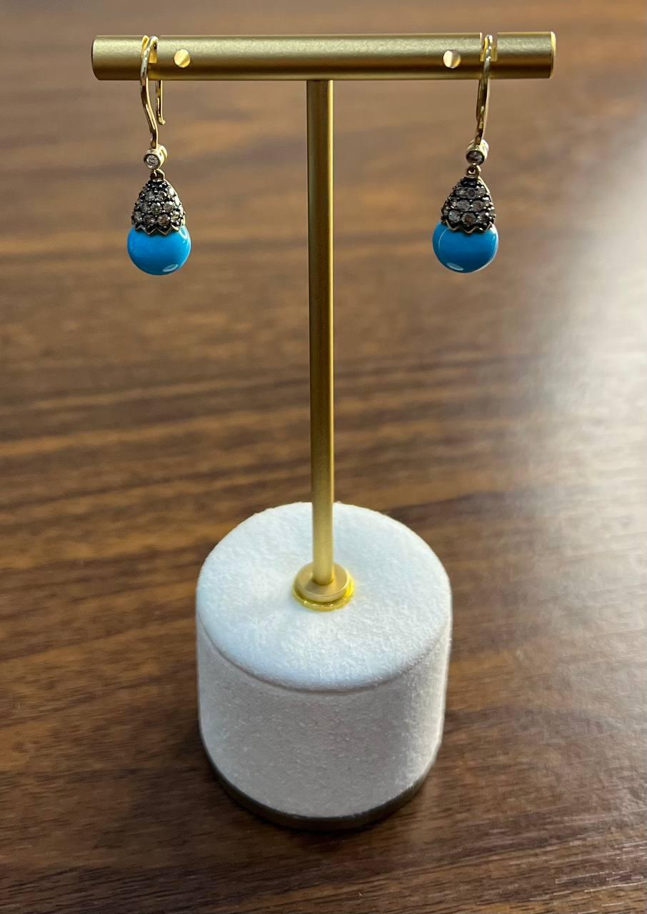 Turquoise Drop Champagne Diamonds Pave Drop 14K Yellow Gold Earrings