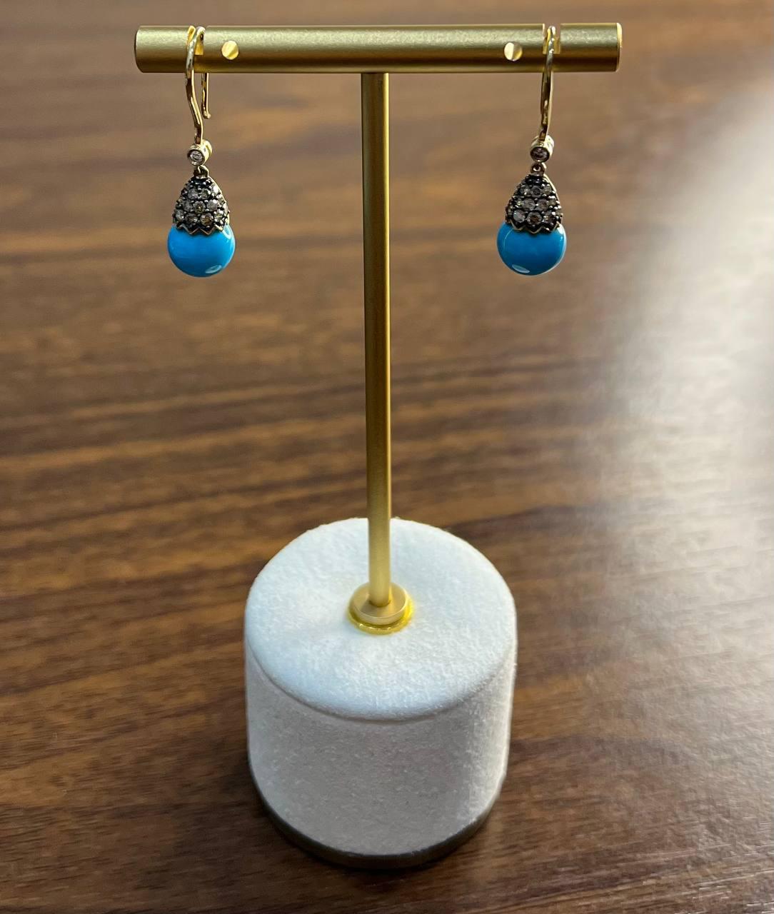 Turquoise Drop Champagne Diamonds Pave Drop 14K Yellow Gold Earrings