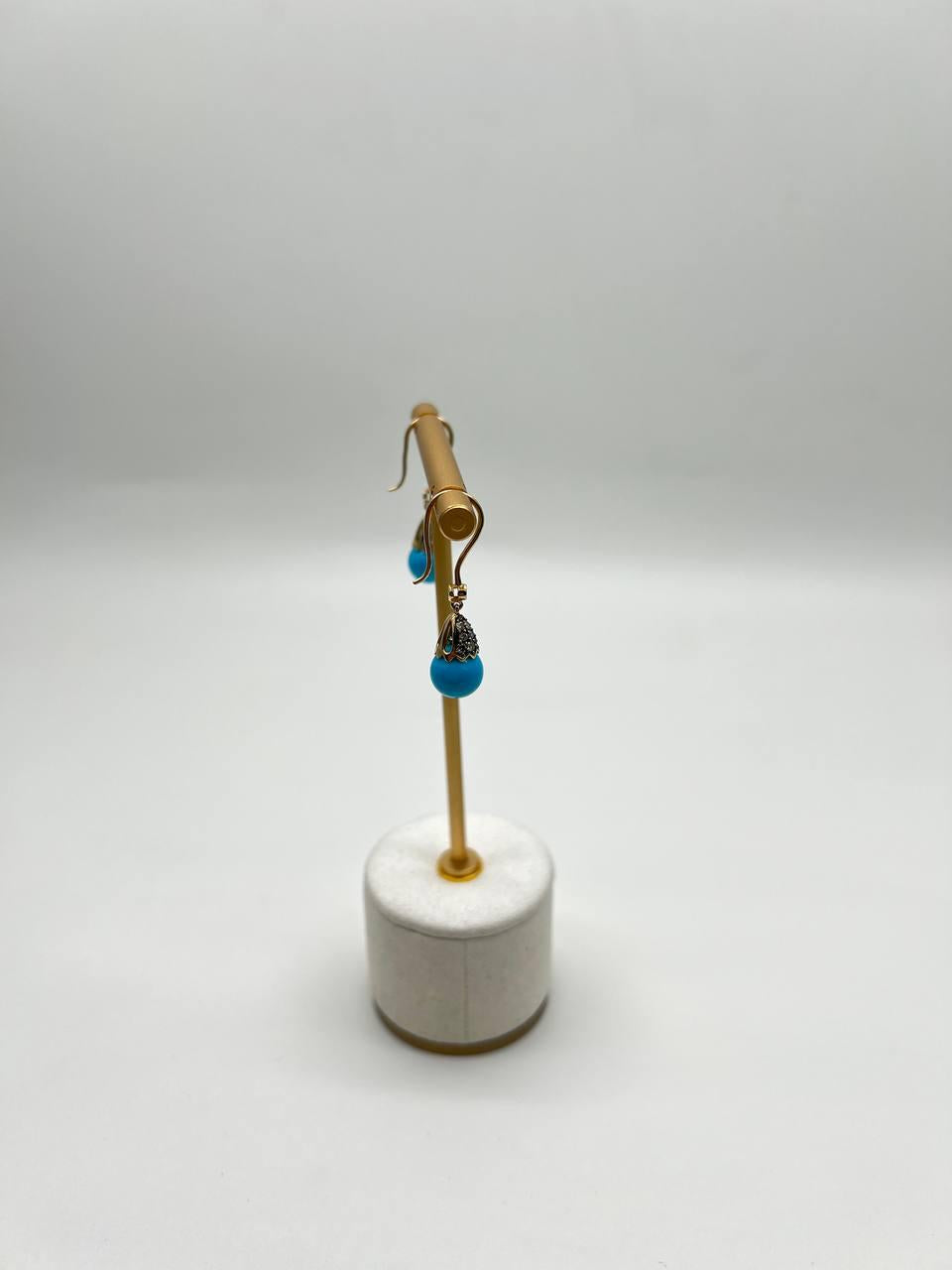 Turquoise Drop Champagne Diamonds Pave Drop 14K Yellow Gold Earrings