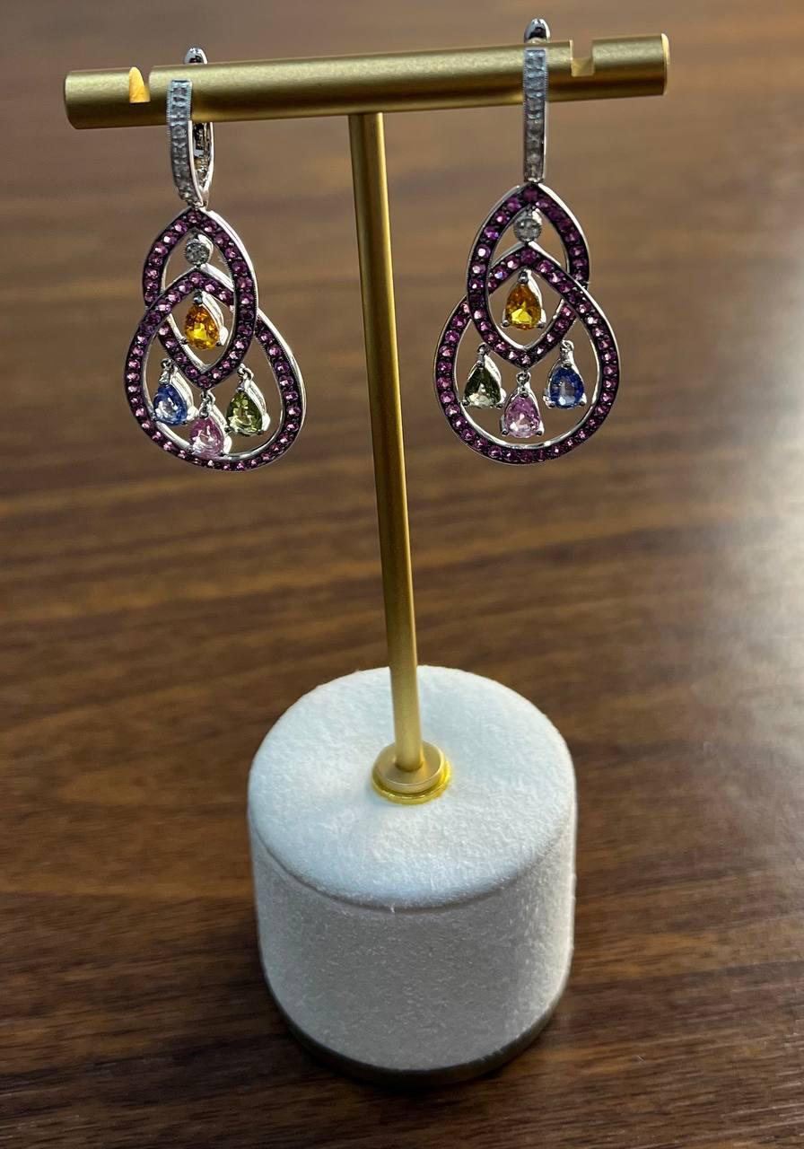 Pink Sapphire Multi Color Gem Diamonds 14K White Gold Dangle Statement Earrings