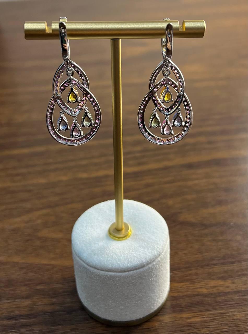 Pink Sapphire Multi Color Gem Diamonds 14K White Gold Dangle Statement Earrings