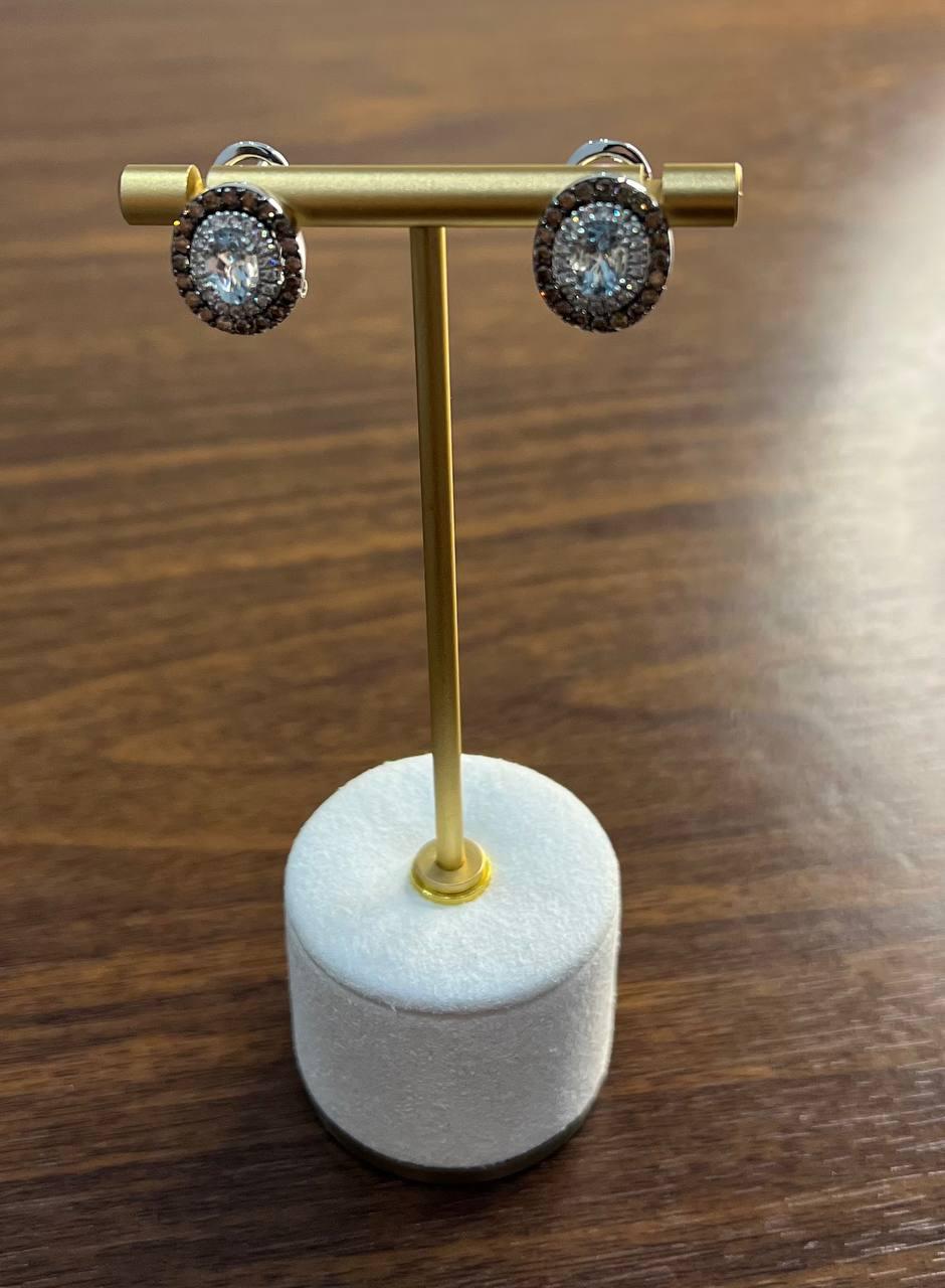 Oval Blue Aquamarine White Brown Diamonds Halo 14K White Gold Stud Earrings