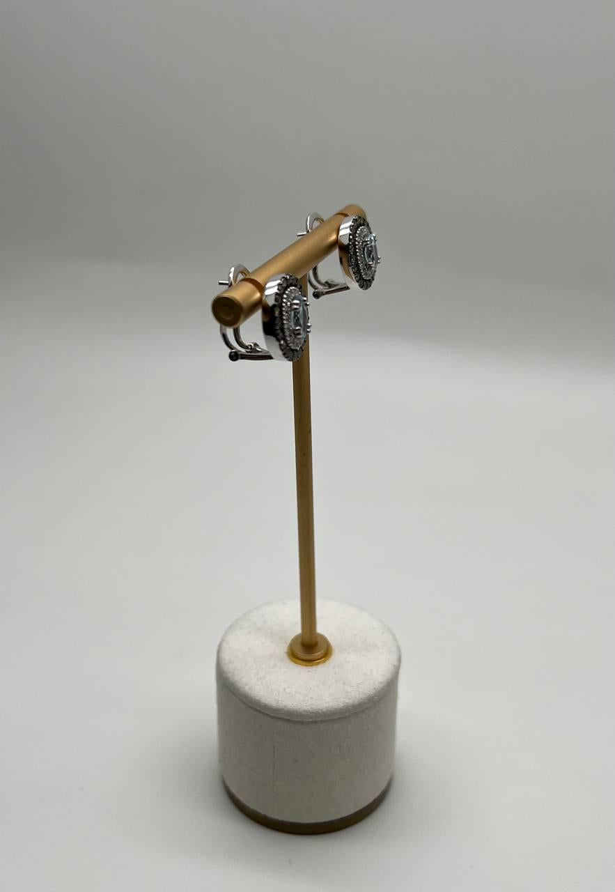 Oval Blue Aquamarine White Brown Diamonds Halo 14K White Gold Stud Earrings